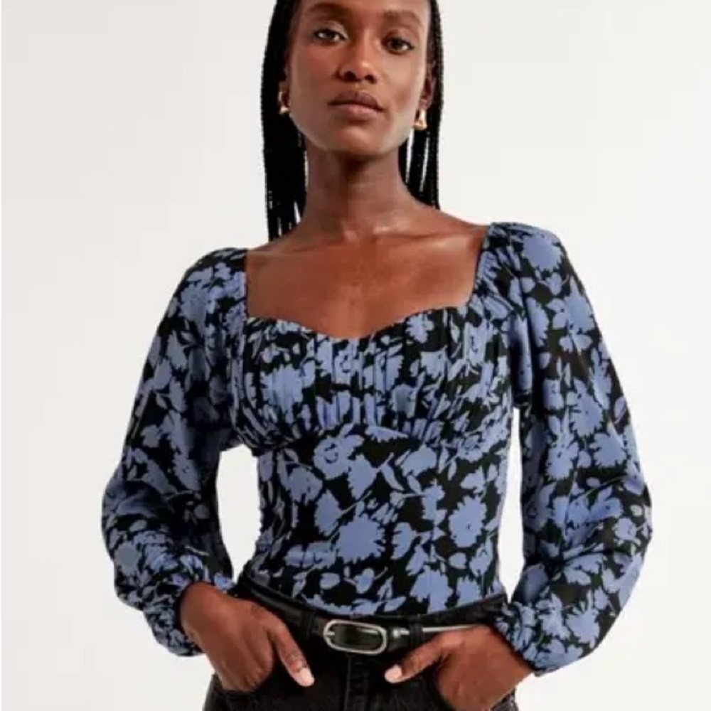 Abercrombie & Fitch Floral Puff Sleeve Blouse - Blue and Black